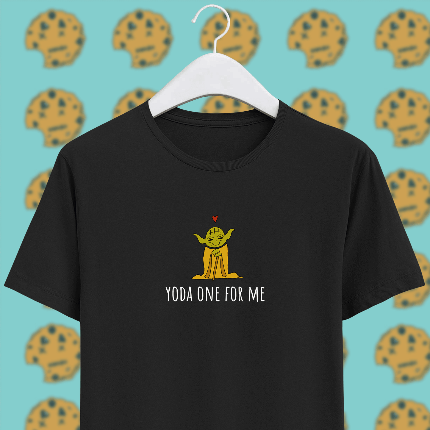 yoda with red heart with yoda one for me pun on black unisex t-shirt on hanger