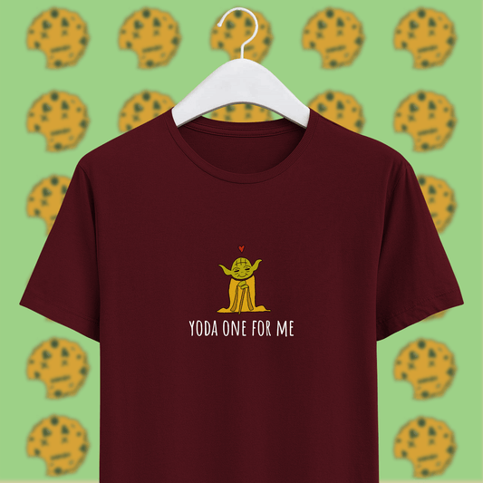 yoda with red heart with yoda one for me pun on maroon unisex t-shirt on hanger