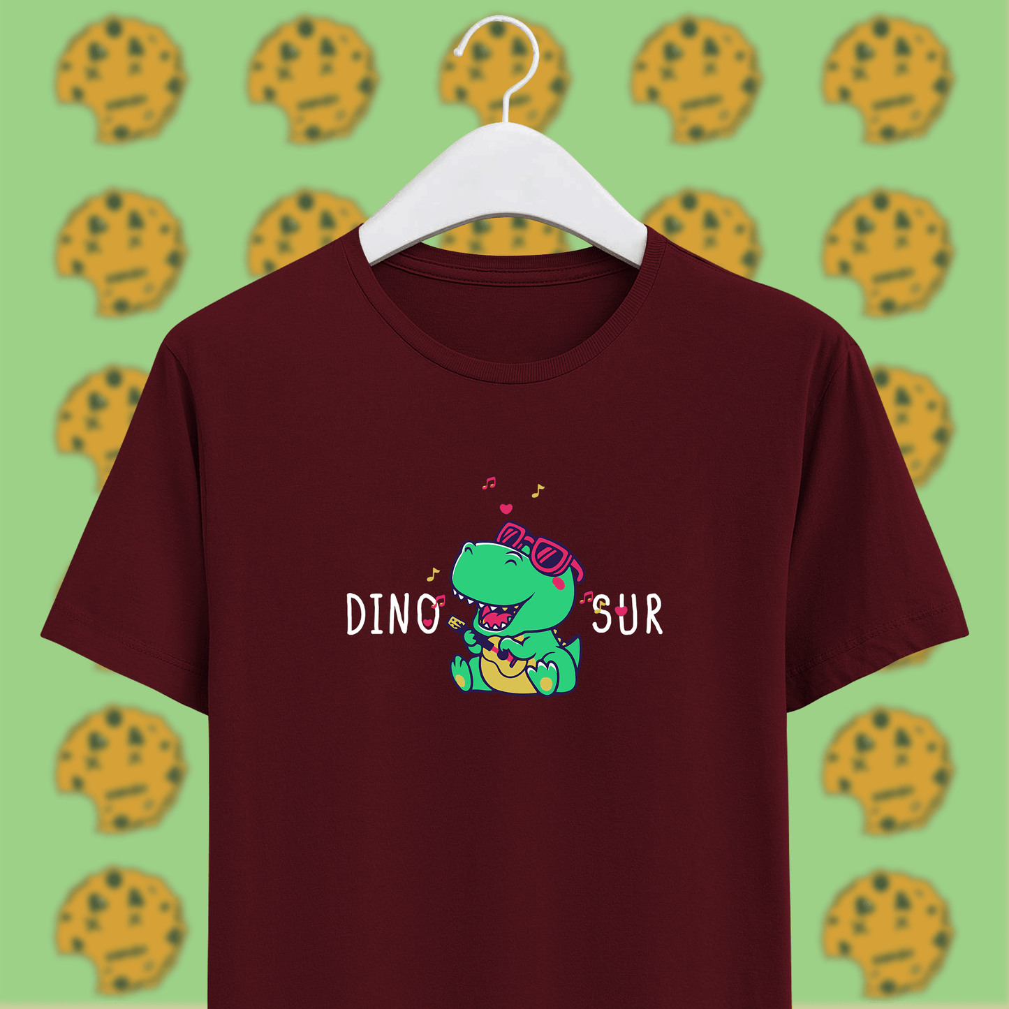 singing dinosaur on maroon unisex cotton t-shirt, funny pun