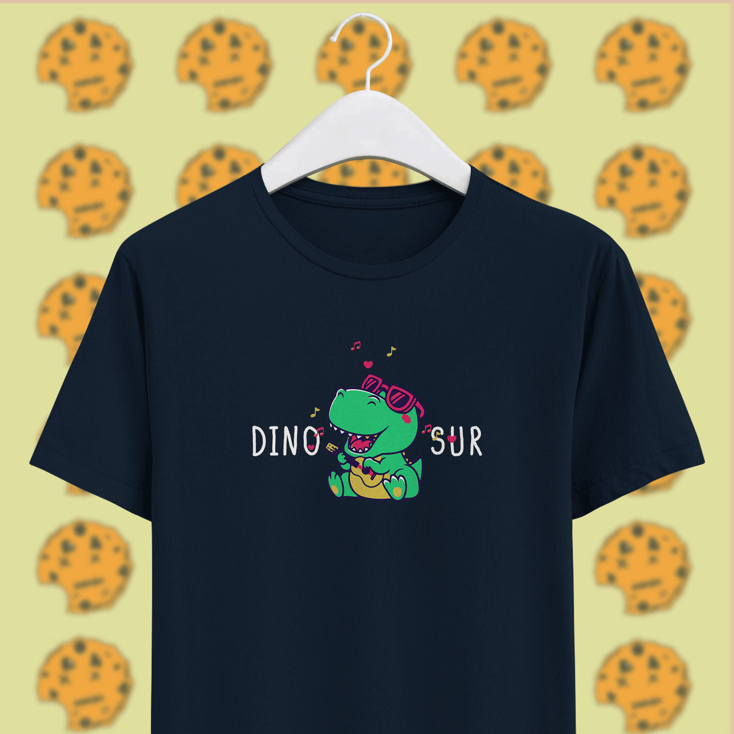singing dinosaur on navy blue unisex cotton t-shirt, funny pun