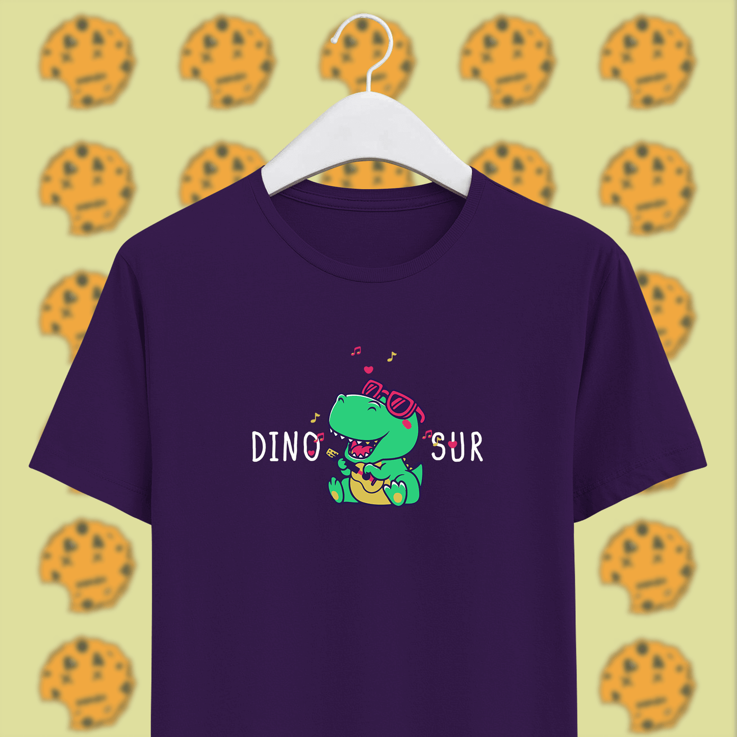 singing dinosaur on purple unisex cotton t-shirt, funny pun