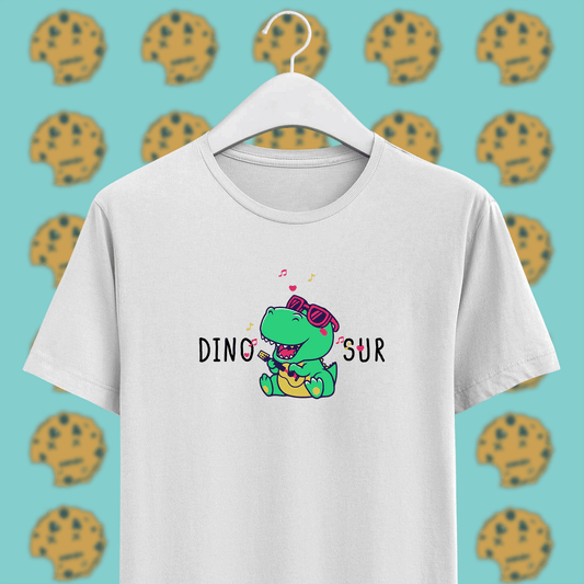 singing dinosaur on white unisex cotton t-shirt, funny pun