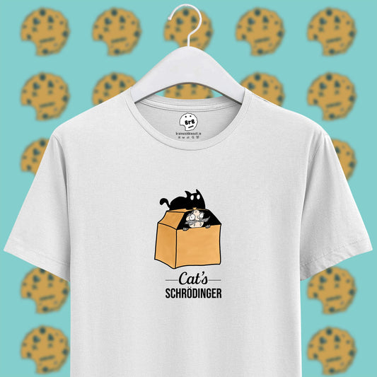 cat's schrodinger reverse thought experiment on white half sleeves unisex t-shirt