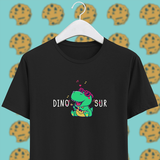 singing dinosaur on black unisex cotton t-shirt, funny pun 