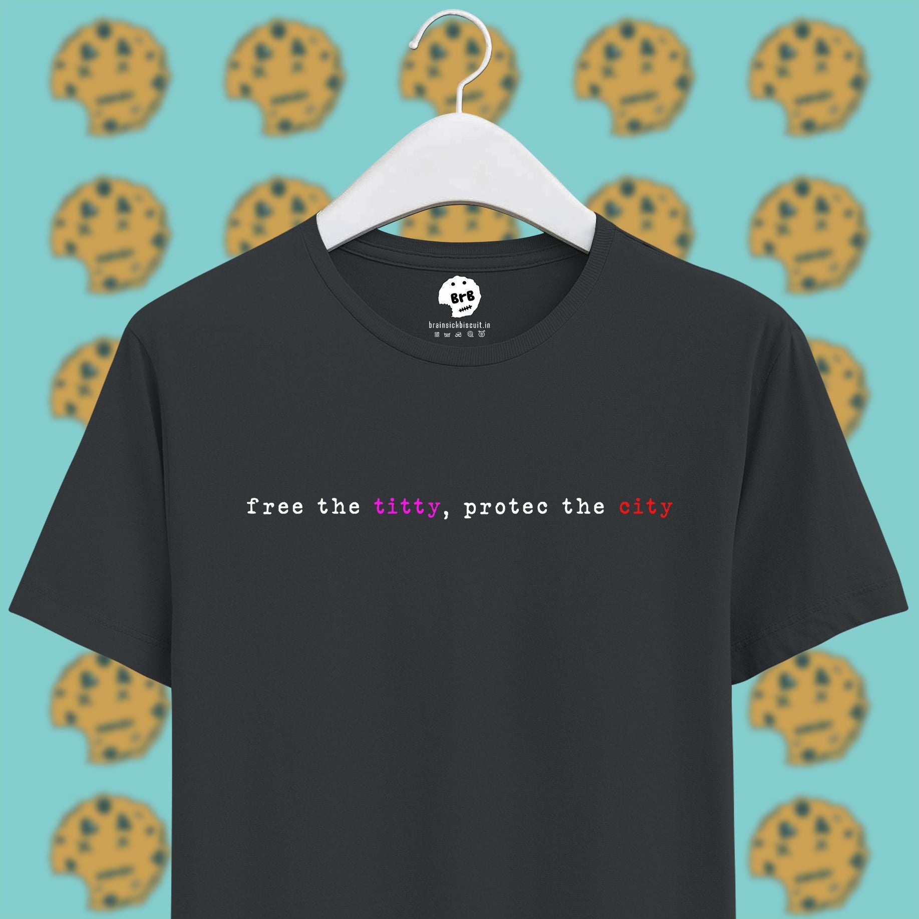 steel grey unisex half sleeves t-shirt with quote free the titty, protec the city