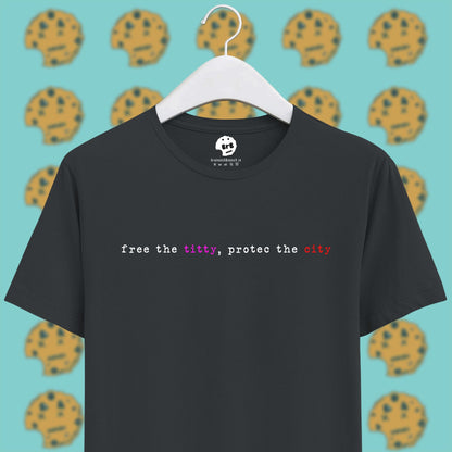 steel grey unisex half sleeves t-shirt with quote free the titty, protec the city